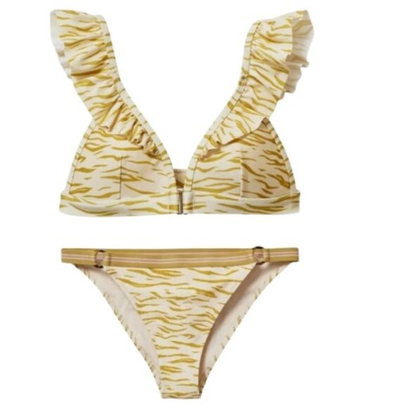 Love Stories Swim Club X H&M Womens Bikini Cream Zebra Stripe Ruffled 8 & 4 New - Picture 1 of 3
